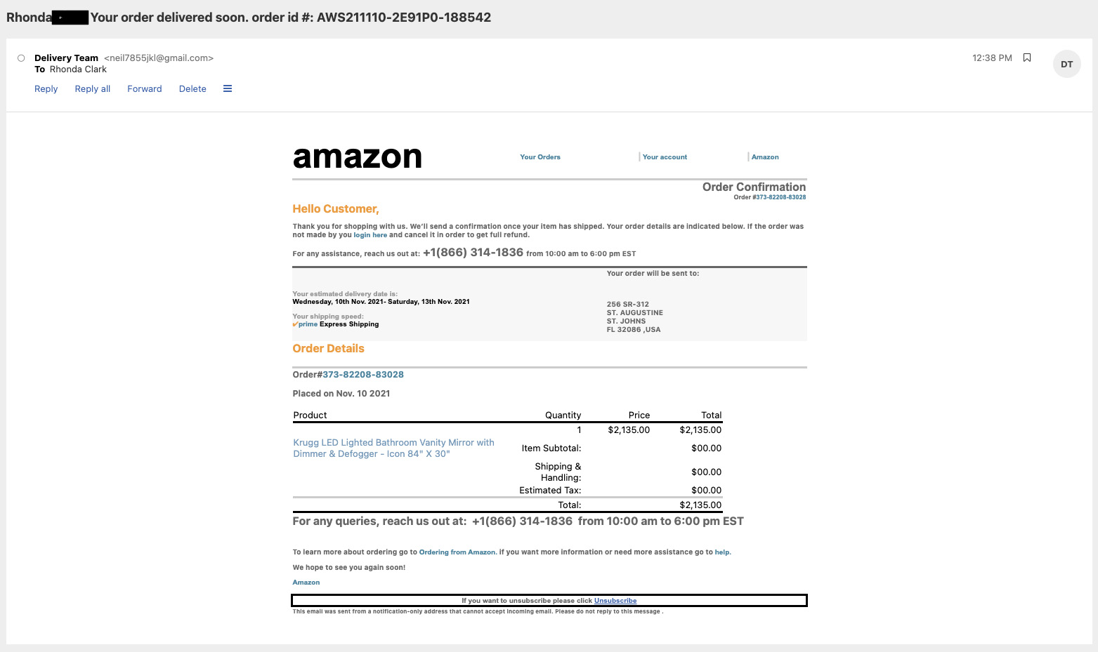 Example of Amazon Phishing Email